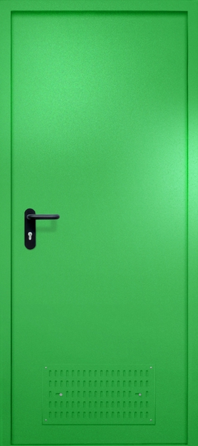 Однопольная противопожарная дверь EI-60 с вентиляцией, окрас по RAL 6037 Однопольная противопожарная дверь EI-60 с вентиляцией, окрас по RAL 6037